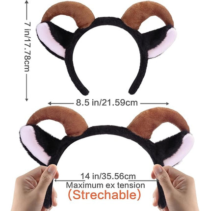 Beviliu Goat Ears Headband with Ram Horns, Animals Ears and Horns Headband, Sheep Ears Custome Lamb Ears Headwear for Halloween Christmas Birthday Party Theme Cosplay, Black