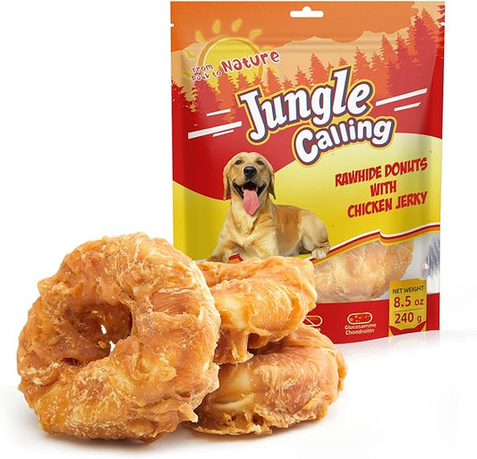 Jungle Calling Dog Treats Long Lasting, Rawhide Chews for Dogs, Chicken Wrapped Rawhide Donuts, Chewy Snacks for Medium Large Dogs