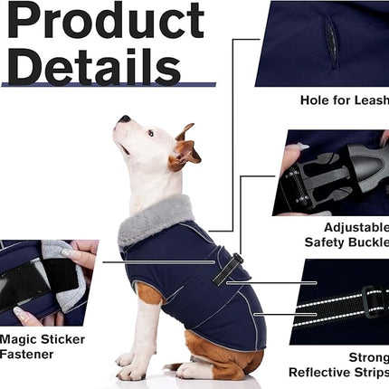 Lelepet Warm Dog Coat Waterproof Dog Jacket for Extra Large Dogs Reflective Fleece Vest with Adjustable Buckle Hook & Loop Windproof Cold Weather Coats for Small Medium Large Dogs, Navy Blue, XXXL
