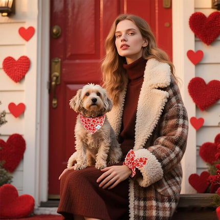 E-Clover Valentines Heart Dog Bandanas & Matching Scrunchie Set Cute Girl Dog Scarf Bibs Pet Bandana with Bow Tie for Small Dogs Puppy Owner Mom Red Pink