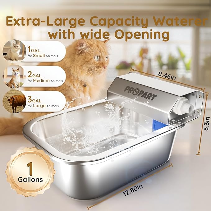 1 Gallon Automatic Water Dispenser for Dogs Cats Rabbits, Stainless Steel Dog Water Bowl, No Electricity Auto Fill Waterer Feeder, Fit 3/4" GHT Faucet, Wall-Mounted, Indoor Outdoor Use