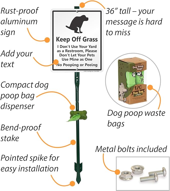 SmartSign Keep Off Grass - No Dog Pooping Or Peeing Yard Sign & Clip-On Preloaded Dispenser Combo/Kit with 135 Dog Poop Waste Bags, 10"x12" Rust-proof Aluminum Sign with 3ft Steel Stake