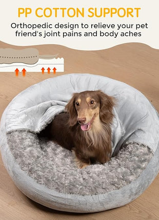 Cave Dog Bed with Blanket Donut Round Plush Cozy Cat Pet Bed for Puppy Machine Washable Removable Cover Cat Toy Anti-Slip Bottom Gray 26X26X8 inch
