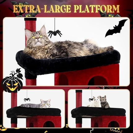 Globlazer Heavy Duty Gothic Cat Tree, 72in Large Cat Tower with Coffin Bed, Sturdy Maine Coon Cat Tree for Large Cats 20 lbs+, Medieval Castle Style with 6 Scratching Posts & Hammock, S72, Black & Red