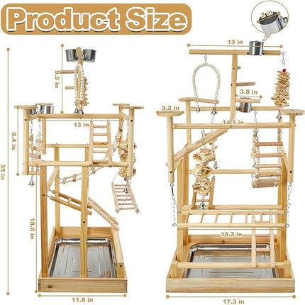 Bird Playground - Natural Wood Parrot Playstand with Perches, Bird Play Gym & Accessories, Removable Tray & 4 Stainless Steel Cups