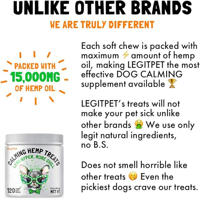 Calming Hemp Treats for Dogs Made in USA Organic Hemp Natural Separation Aid Helps Barking, Chewing, Thunder, Fireworks, Aggressive Behavior Soothing Stress Relief Natural Relaxation 120 Chews