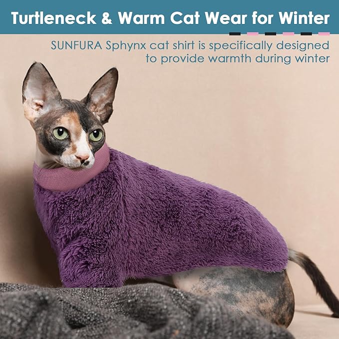 SUNFURA Sphynx Cat Sweater, Hairless Cats Turtleneck Pullover Kitten Sweaters for Cats Only, Warm and Soft Cat Pajamas Shirt with Sleeves Pet Winter Clothes Fleece Jumpsuit for Puppy, Purple M