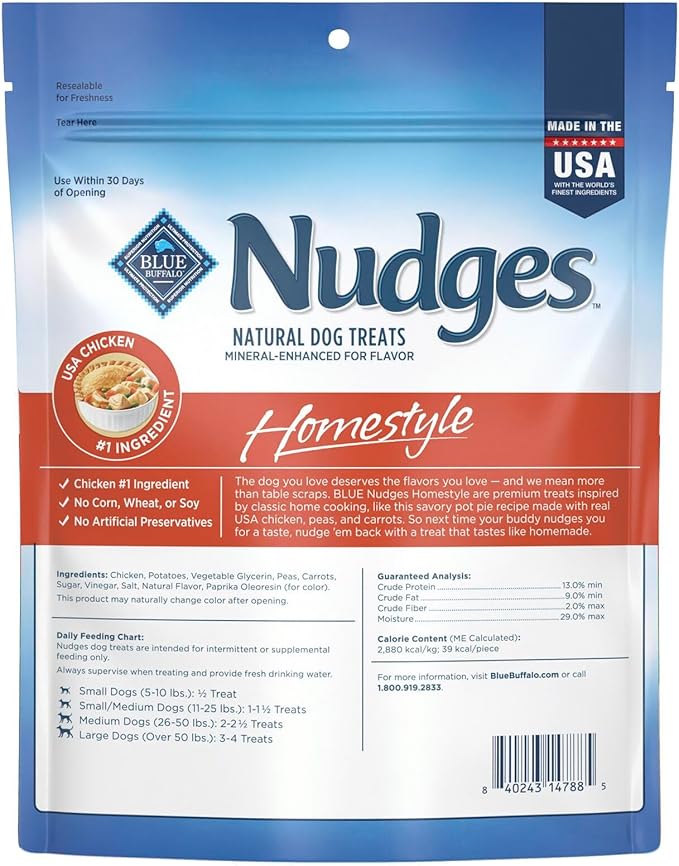 Blue Buffalo Nudges Homestyle Natural Dog Treats Made with Real Chicken, Made in the USA, Chicken, 10-oz Bag