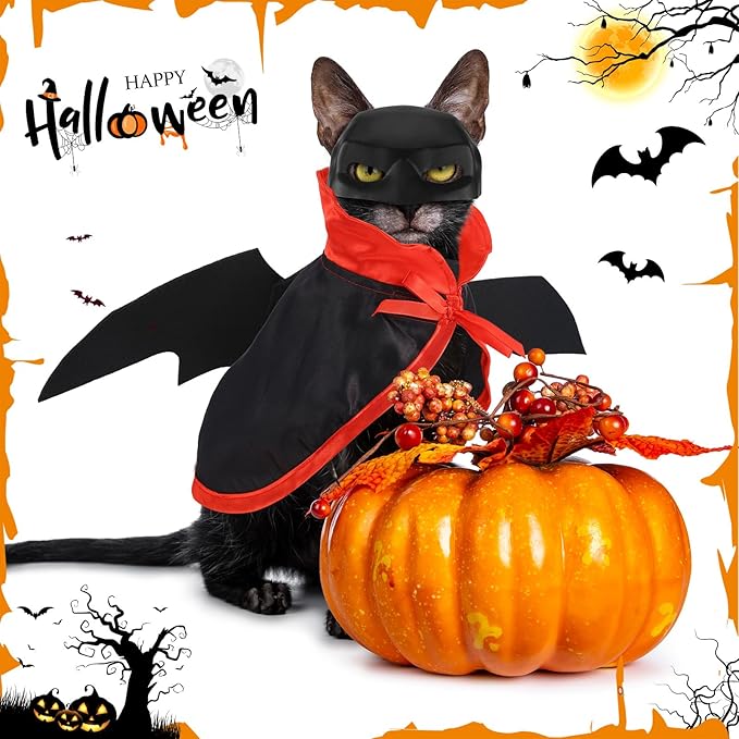 3 PCS Halloween Cat Costume Bat Mask Bat Wings Cloak Pet Costumes for Small Cats Kittens Cosplay Halloween Party Decoration Bat Cat Mask and Apparel Cats Dress Up Accessories
