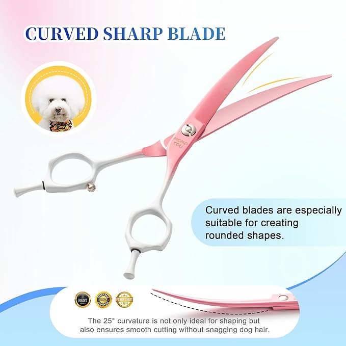 Curved Dog Grooming Scissors Pink to White Gradient 440C Stainless Steel Pet Grooming Shears Sharp Durable Dog Shears for Professional or Home Use Ergonomic Handle with 2 Silicone Finger Rings