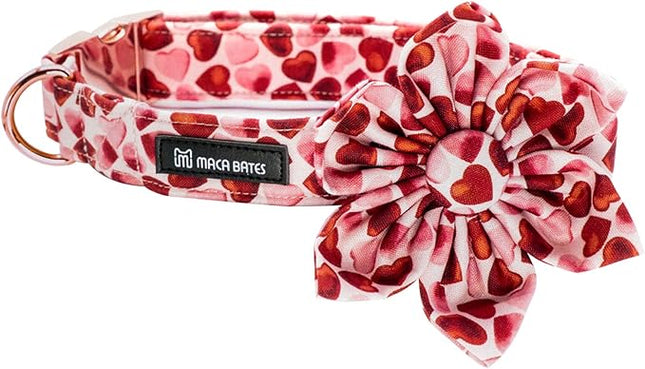 Maca Bates Valentine's Day Dog Collar with Floral Bow for Small Girl Boy Dogs,Red Love Hearts Pattern,Adjustable Durable Soft Valentine Gift for Female Male Puppy