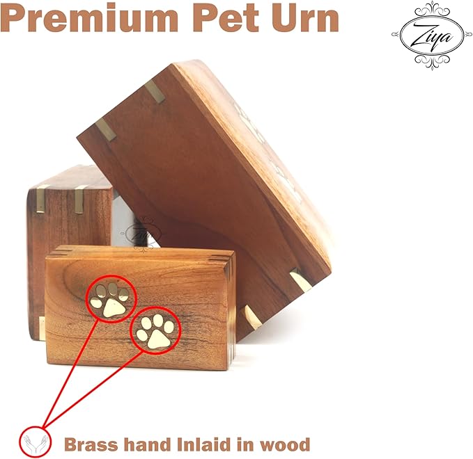 ZIYA Wooden Cremation Urn for Dog Ashes | Handmade Wood Pet Urn | Brass Paws Inlaid | Pet Memorial | Funeral Urns for Pet Ashes-Small