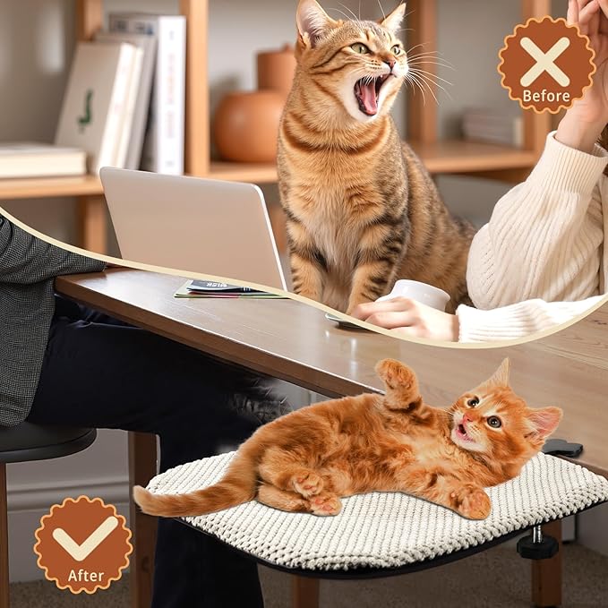 BESTISAN Durable Cat Bed Desk-Metal Frame &Flannel Fabric Soft Cover,Sturdy&Comfortable for Indoor Pets,Spacious Cat Beds for Office Desk and Game Island Table,Removable Washable(Beige)