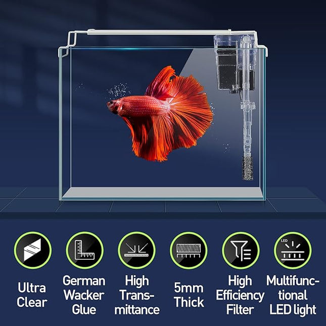 Rimless Glass Aquarium Starter Kit (3 Gal), Ultra Clear Low Iron Glass Fish Tank Set, Small Beta Fish Tank & Filter with Surface Skimmer & 3-Mode LED Light