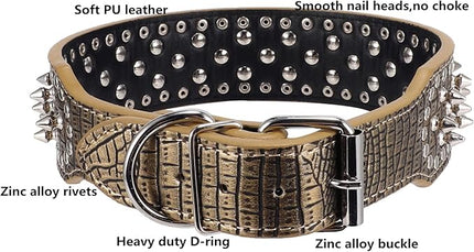 Hoot PU Leather Adjustable Spiked Studded Dog Collar 2" Wide 25 Spikes (XS(Neck 15"-18"), Golden)