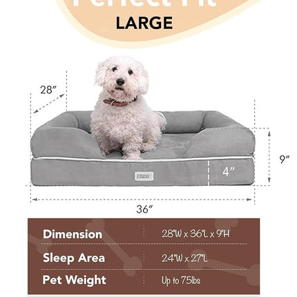 Friends Forever Large Dog Bed, Orthopedic Pet Sofa Memory Foam Mattress, Calming Dog Couch, Wall Rim Pillow, Water Resistant Liner, Washable Cover, Non-Slip Bottom, Chester, Large Grey