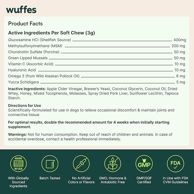 Wuffes Advanced Dog Hip and Joint Supplement with Glucosamine, Chondroitin, Omega 3, MSM, and Green Lipped Mussel, (Pack of 2, Small & Large Breed)