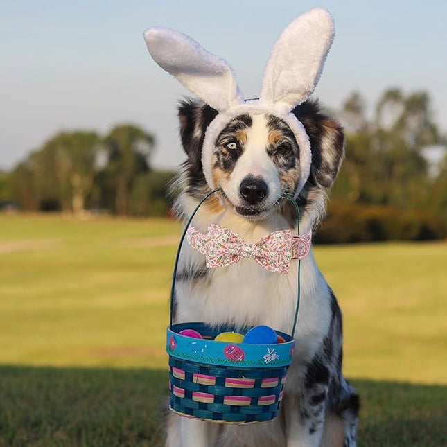 Easter Dog Collar with Bow Tie - Pink Easter Bunny Bowtie Dog Collar Adjustable Heavy Duty Spring Easter Dog Collars for Small Medium Large Dogs M