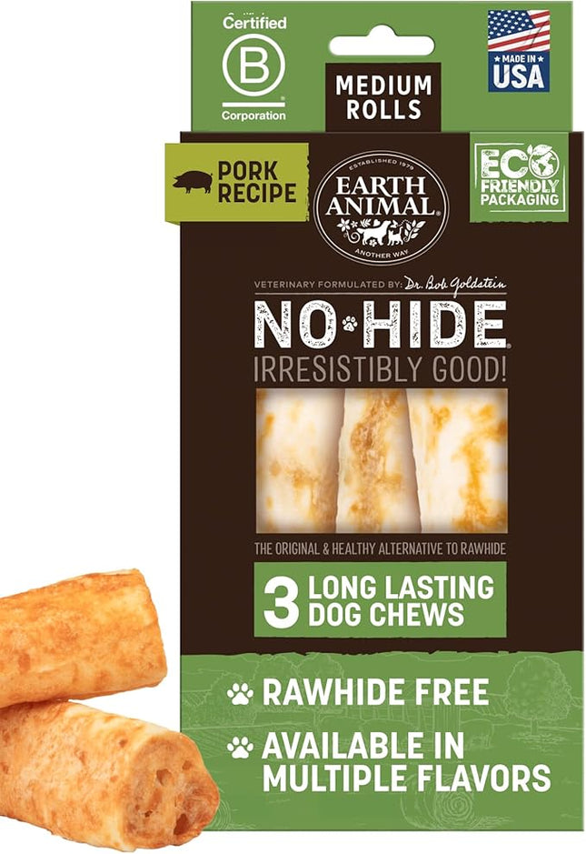 Earth Animal No Hide Chews - Long Lasting Rawhide Free Medium Dog Chews Rolls, Pork - 3 Count Value Pack