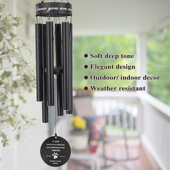 Pet Memorial Wind Chime, 30 Inches Paw Print Pet Remembrance Gift to Honor and Remember a Dog, Cat, or Other Pet, Premium Metal Wind Chime, Black