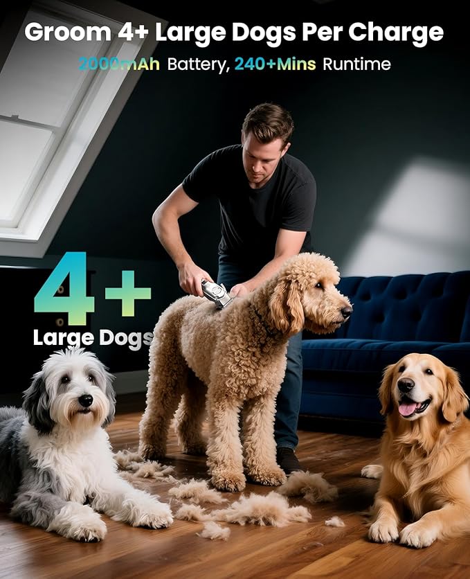 oneisall Dog Clippers for Grooming Thick/Heavy Coats, 4-in-1 Dog Grooming Kit Low Noise with Stainless Steel Blade, Cordless Dogs Paw Trimmer Pet Nail Grinder for Small & Large Dogs Cats Animals