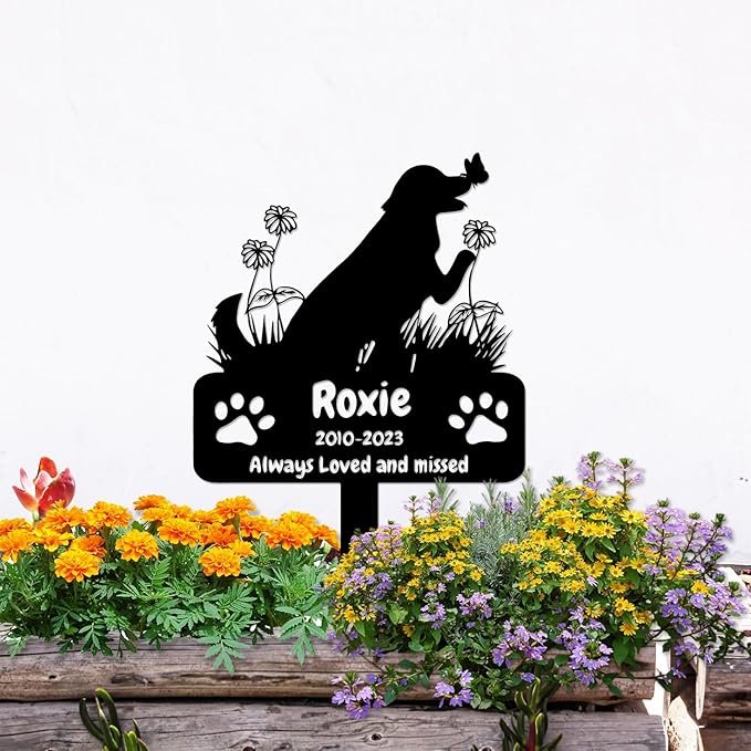 Personalized Flowers Dog Memorial Grave Marker Stake, Custom Butterfly Dog Memorial Stake Metal Engraved Sign, Pet Memorial Gift for Dog Cemetery Yard Lawn Dog Memorial Garden Stake