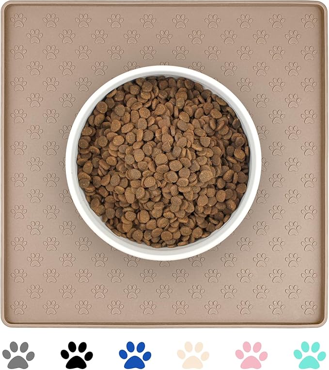 Ptlom Dog Food Mat Anti-Slip Bowl Mats for Food and Water, Waterproof Silicone Pet Placemat with High Raised Edges, Non-Slip Puppy Feeding Tray for Small, Medium Large Cats Dogs, Taupe, 11.8"x11.8"