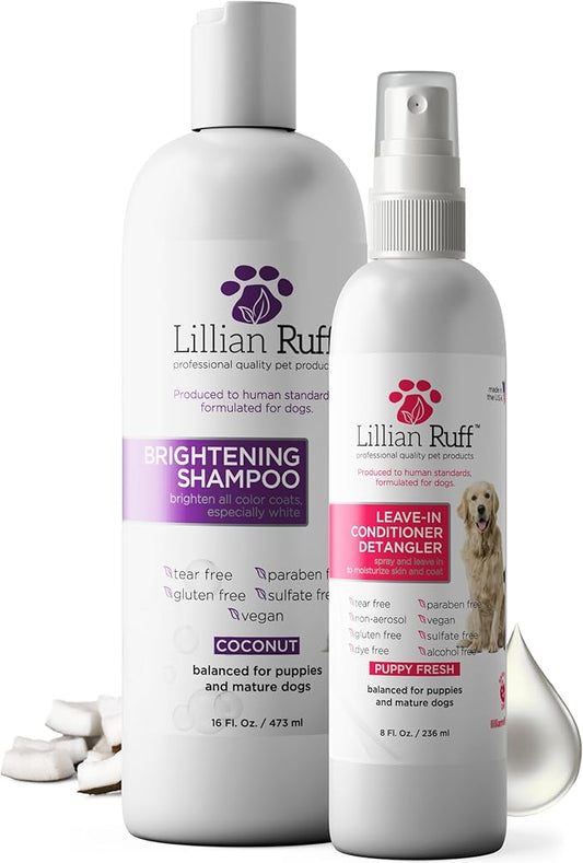 Lillian Ruff PRO Formula Ultra Brightening Dog Shampoo & Leave-in Conditioner Detangler Set - Professional Whitening, Stain Removal, Dematting, Detangling & Odor Control with Aloe & Provitamin B5