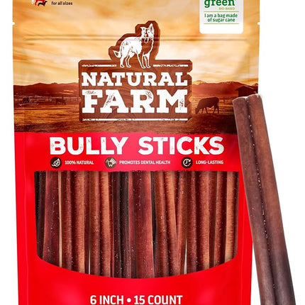Natural Farm Odor-Free Bully Sticks (6 Inch, 15 Count), Single Ingredient: 100% Beef Chews, Grass-Fed, Non-GMO, Grain-Free, Fully Digestible Treats for Puppies, Small or Senior Dog