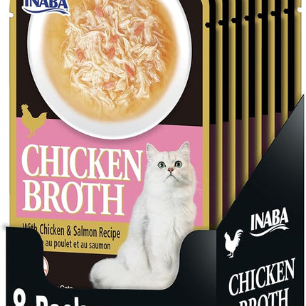 INABA Chicken Broth, Side Dish/Topper for Cats with Vitamin E, 1.76 Ounce Pouch, 8 Pouches Total, Chicken and Salmon Recipe