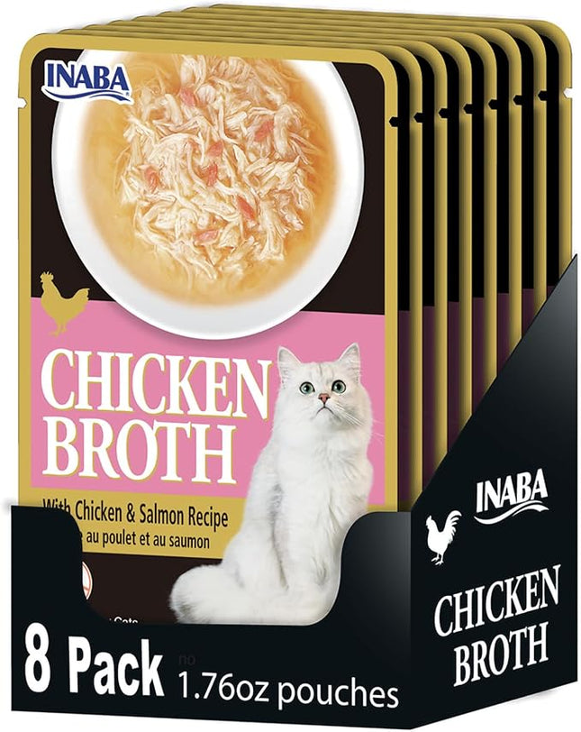 INABA Chicken Broth, Side Dish/Topper for Cats with Vitamin E, 1.76 Ounce Pouch, 8 Pouches Total, Chicken and Salmon Recipe