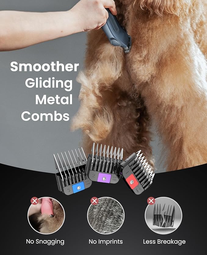 oneisall Cordless Professional Dog Grooming Clippers, 2-Speed Dog Clippers for Grooming Heavy Duty/Thick Hair, Detachable Carbonized Steel Blade Metal Combs, Removable Battery