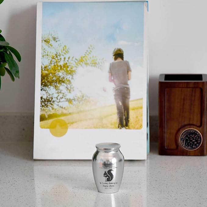 Artsy Woodsy Squirrel Memorial Mini Urn for Human Ashes Keepshake, Decorative Keepsake Urn with Engraved Squirrel 2.56 inch, Small Memorial Gifts for Pet Lovers (01, 2.56x1.77)