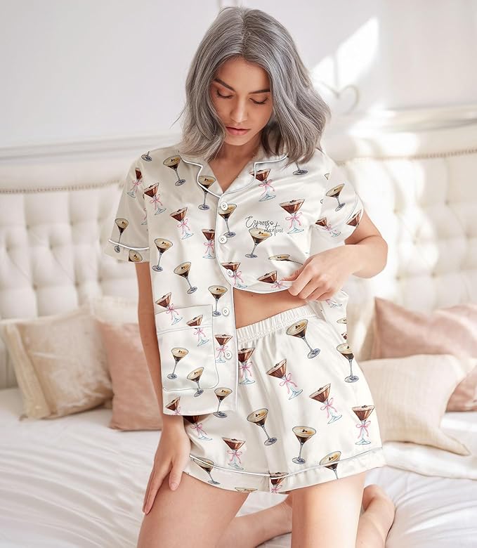 Women’s Silk Satin Pajama Set, Short Sleeve Button Down 2 Piece PJs with Shorts, Cozy Loungewear & Matching Holiday Pajamas