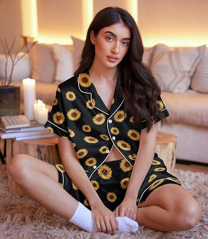 Women’s Silk Satin Pajama Set, Short Sleeve Button Down 2 Piece PJs with Shorts, Cozy Loungewear & Matching Holiday Pajamas