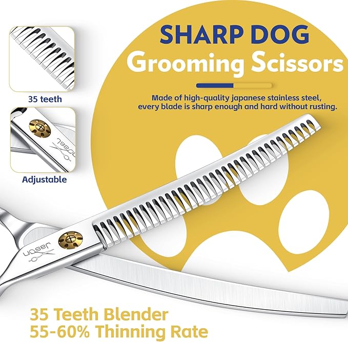 JASON Dog Shears for Grooming - 7" Up-curved Thinning Scissors with 55%-60% Thinning Rate, Japanese 440C Stainless Steel Dog Grooming Blenders with Adjustable Screw (35 Teeth, Silver)