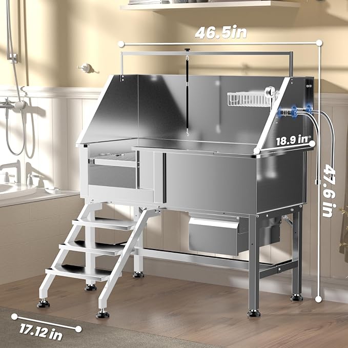 46" Dog Washing Station for Home,Stainless Steel Professional Dog Bathing Station Height Adjustable D og Grooming Tub Ramp, Drawer, Floor Grate & Fauct (L Stair)