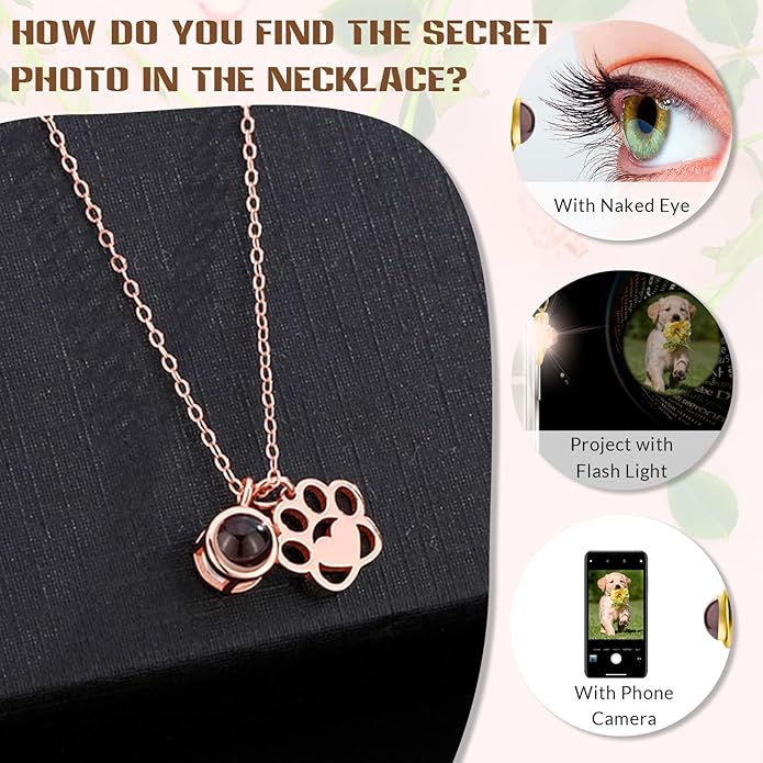 Personalized Picture Necklace with picture inside Custom Projection Necklace Cat/Dog Paw Print Pet Memorial Necklaces for Pet Lovers, Photo Gifts for Anniversary Dog Lovers