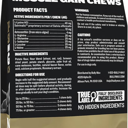 Bully Max 11-in-1 Muscle Gain Power Chews - High Protein Dog Supplement with Amino Acids - Healthy Treats for Puppy & Adult Dogs - Premium Muscle Builder for All Breeds - 75 Tasty Soft Dog Chews