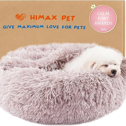 Himax Dog Beds for Small Dogs, Donut Dogs Beds with Blanket Attached, Calming Dog Bed Washable (20"/26"/35") Beige