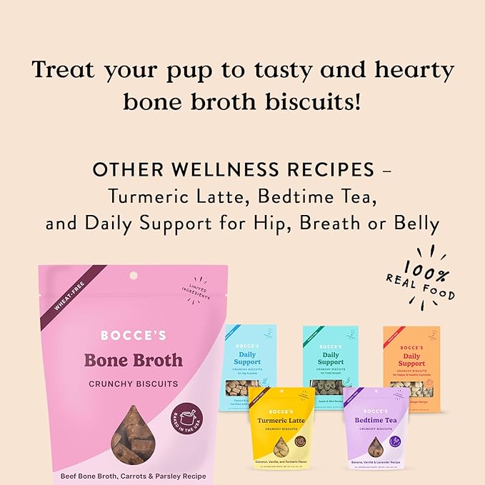 Bocce's Bakery Oven Baked Bone Broth Treats for Dogs, Wheat-Free Everyday Dog Treats, Made with Real Ingredients, Baked in The USA, All-Natural Biscuits, Beef Bone Broth, Carrots, & Parsley, 5 oz