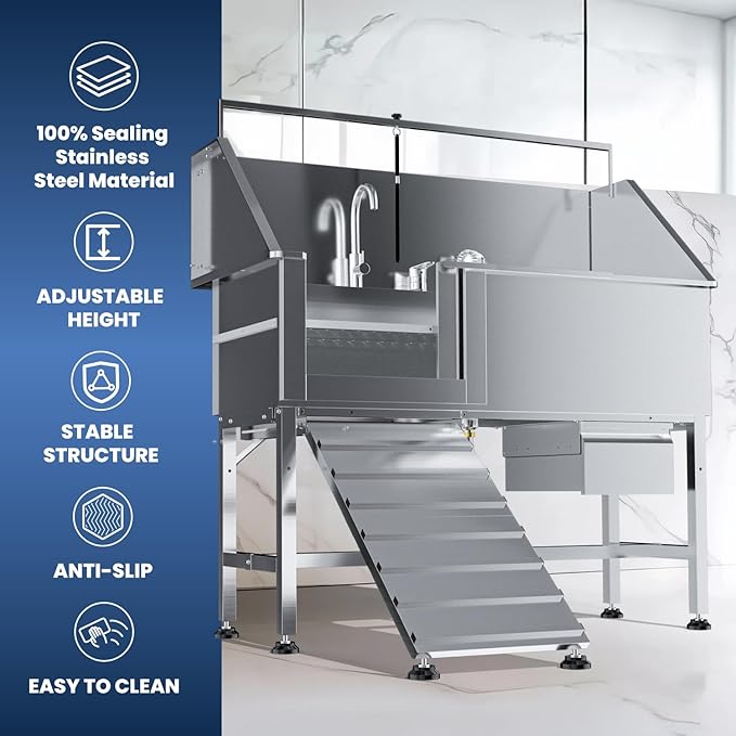 Dog Washing Station,56" Professional Stainless Steel Dog Bathing Station for Large Dog Height Adjustable Dog Wash Station for Home Dog Grooming Tub with Drawer, Floor Grate & Fauct (L-Ramp)
