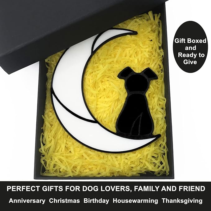Stained Glass Pet Dog Memorial Gifts for Dog Lovers, Black Dog Decor on White Moon Window Hangings Suncatcher, Loss of Dog Sympathy Gift, Pet Loss Remembrance Gifts in Memory of Dog