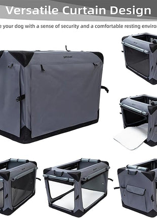 Pettycare 42 Inch Collapsible Dog Crate with Curtains Travel Dog Crate for Airflow and Calm Soft Pet Kennel with Portable Bag and More Chew Proof Mesh Indoor & Outdoor Grey 4 Door Curtains