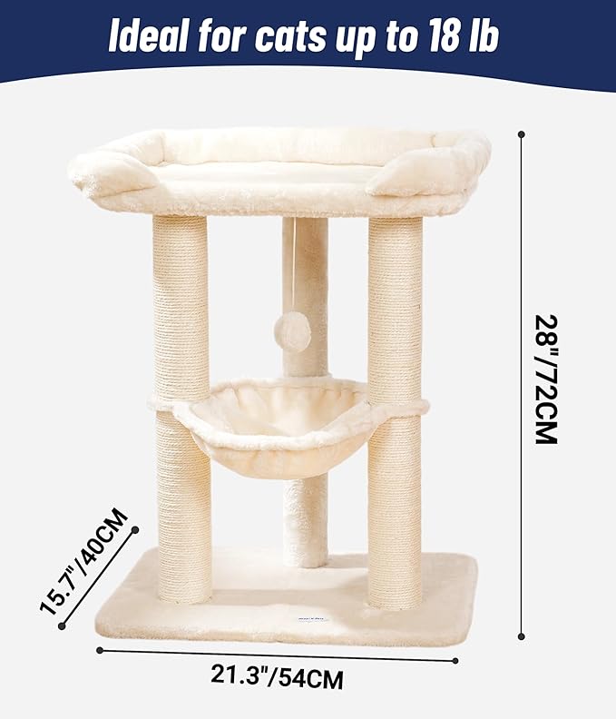 Happi N Pets 28" Large Cat Tree Tower for Indoor Cats, Cat Scratch Post with Large Bed for Maine Coon Big Cats, Sisal Cat Scratcher with Soft Perch & Hammock, Stable Cat Stand, Removable Cover-Beige
