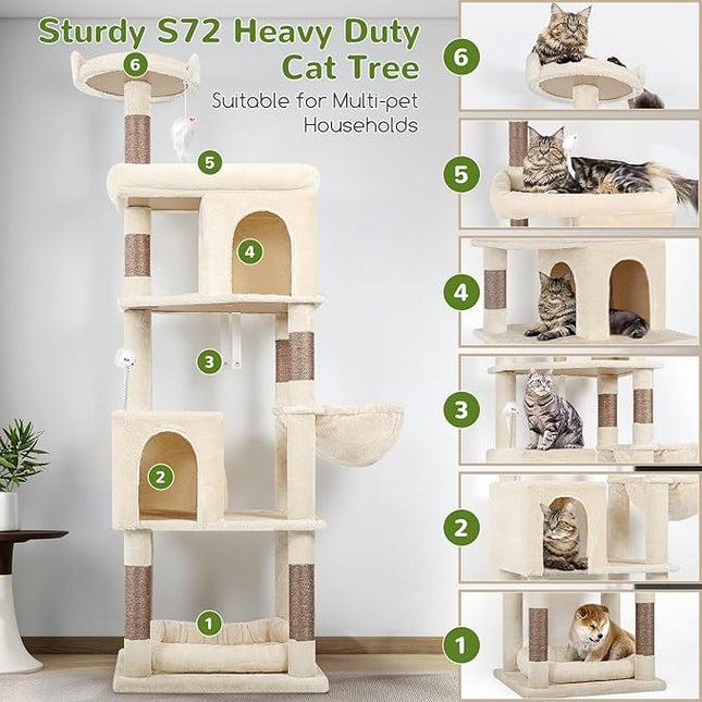 Globlazer Heavy Duty Cat Trees for Large Cats, Sturdy 72in Maine Coon Cat Tree for Large Cat 20 lbs+ Heavy Duty Cat Tower for Adult Biggest Cats with 6 Scratching Posts, Hammock, S72, Beige