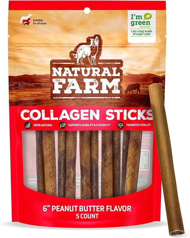 Natural Farm Peanut Butter Stuffed Collagen Sticks for Dogs (6 Inch, 5-Pack), Rawhide-Free Collagen Sticks, Natural Dog Chews, Long Lasting, for Small, Medium and Large Dogs, Great Rawhide Alternative