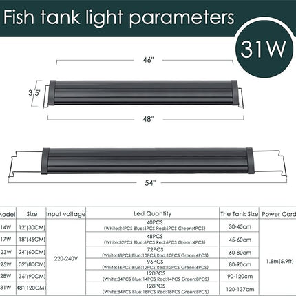 AQQA Aquarium Light,Full Spectrum LED Fish Tank Lights,12"-54" Adjustable Multi-Color White Blue Red Green LEDs with Extendable Brackets,14W-31W for Freshwater Plants (31W (48"-54"))