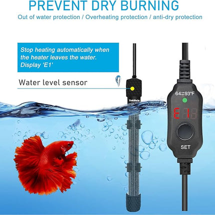 YukiHalu Small Submersible Aquarium Heater, Adjustable Mini Fish Tank Heater 25W 50W 100W 200W 300W with External Temperature Controller, LED Display, Used for 5/10/20/40/60 Gallons (100 Watts)