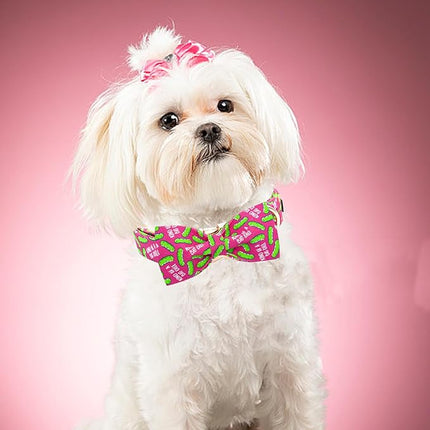 Elegant little tail Dog Collar, Dill Pickles Print Pet Collars with Bow Soft Cutton Boy Puppy Gift Adjustable Pink Bowtie Dog Collar for X-Small Puppy